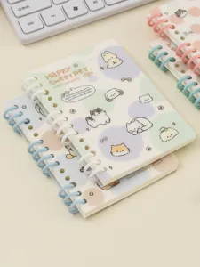 Cute pastel spiral notebook with adorable cat and rabbit illustrations for daily notes.