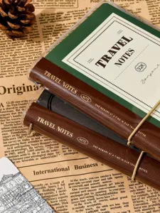Vintage leather travel notebook set with elastic band, portable journal for daily writing.