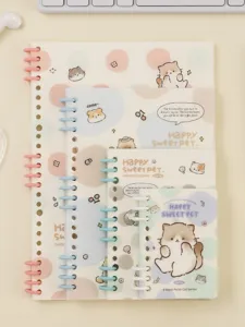 Cute cat pattern ring notebook set, pastel student planner and memo pad for daily use.
