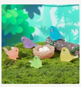 Luminous resin little bird miniature figurines set for desktop potted plant garden decor.
