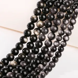 Natural silver obsidian round loose beads for DIY bracelet making