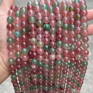 Cuentas Sueltas de Cuarzo Fresa Rojo Verde Natural Cuentas de Cristal Multicolor Redondas Para Accesorios de Fabricación de Joyas DIY