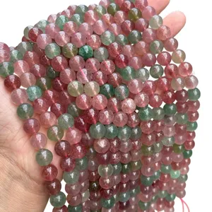 Cuentas redondas de cuarzo fresa natural rojo y verde para creación de joyas DIY