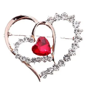 Exquisite double heart brooch with red crystal and white rhinestones in rose gold