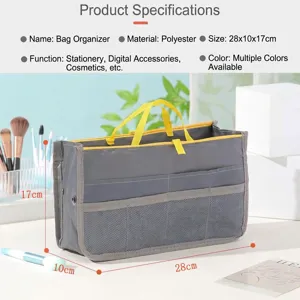 Multifunctional organizer bag with multiple compartments, durable polyester, 28x10x17cm.