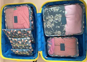 Detalle de bolsas organizadoras de viaje empaquetadas ordenadamente con bolsillos de malla.