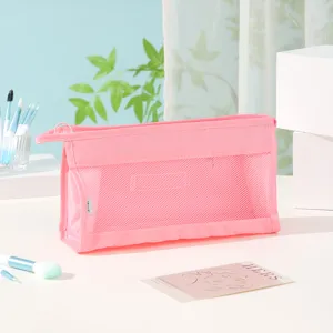 Pink mesh travel cosmetic bag portable makeup pouch multi-functional zipper organizer bag