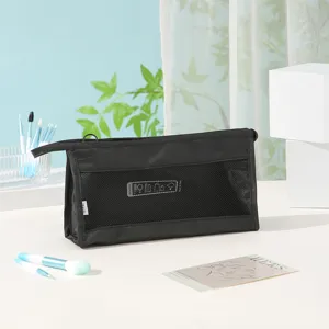 Portable travel cosmetic bag black mesh toiletry storage pouch with zipper and mesh pocket detail.