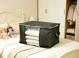 Large capacity dark grey quilted duvet storage bag with clear window for home organization.