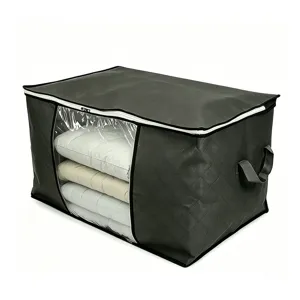 Large grey quilted blanket storage bag with clear window and handles for home bedding.