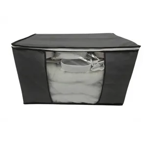 Grey non-woven fabric quilt storage bag with clear window for home closet organization.