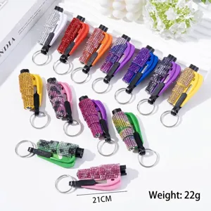 Detail shot of multiple rhinestone car safety hammers in various vibrant colors for emergency