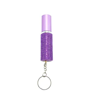 Detailed view of the 5ml portable purple rhinestone perfume atomizer with keychain ring