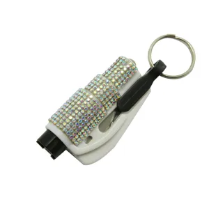 Macro detail view of a rhinestone decorated mini 2-in-1 car safety window breaker