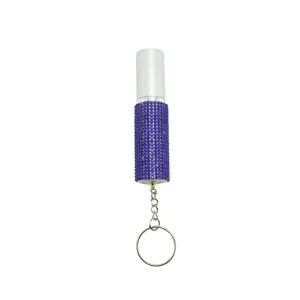 Portable 5ml alloy perfume atomizer bottle with blue rhinestones and keychain hook