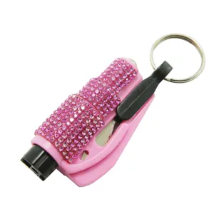 Pink rhinestone 2-in-1 car window breaker and seatbelt cutter safety tool keychain