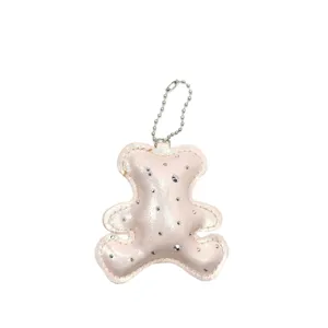 Cute pink sparkly leather bear keychain bag charm with sparkling rhinestone details