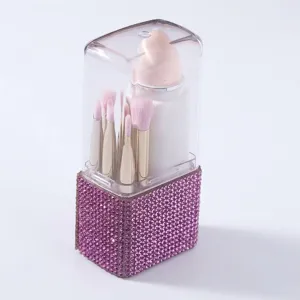 Organizador de brochas de maquillaje con brillantes rosas y tapa antipolvo de 8 piezas