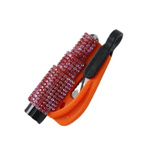 Portable orange car glass breaker safety hammer with pink rhinestone embellishment
