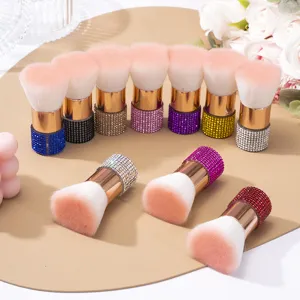 Luxueuse Brosse à Poussière d'Ongles en Strass Pinceau Poudre Libre en Fibre Souple Poignée Incrustée d'Or Rose Outil de Nettoyage pour Femmes