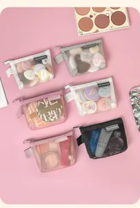 Portable mesh cosmetic bag for makeup puffs, zipper pouch for travel and daily storage.