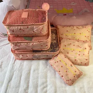 Set de 6 bolsas organizadoras de equipaje de viaje, cubos de embalaje con estampado de cereza rosa.