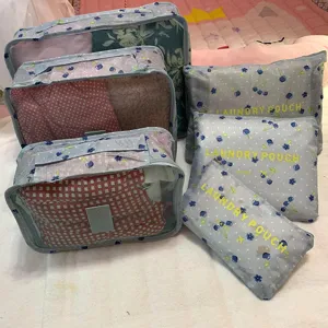 Set de 6 organizadores de equipaje de viaje, diseño de cerezas azules, bolsas de tela oxford.