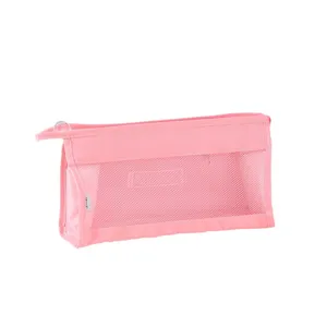 Pink travel cosmetic bag mesh toiletry organizer pouch portable zipper storage bag