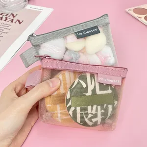 Portable Mesh Cosmetic Bag Minimalist Solid Color Small Storage Pouch Travel Makeup Organizer For Lipstick Puff Sundries