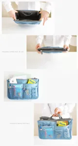 Detail view of the multi-functional blue organizer bag, showing compartments and folding design.
