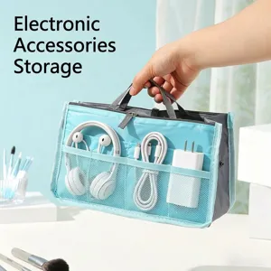 Portable electronic accessories storage bag with multi compartments for cables and chargers.