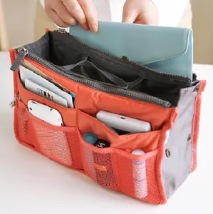 Borsa organizer arancione multifunzione, custodia per cosmetici con doppia zip.