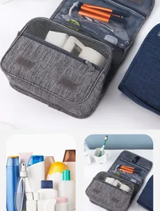 Detailansicht der wasserdichten Kulturbeutel Reisetasche mit Fächern und Haken zur Aufbewahrung.