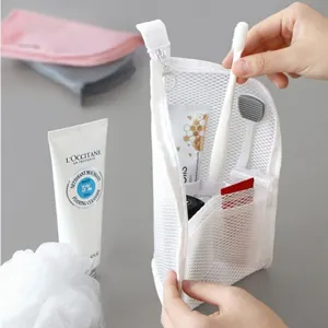 Standing mesh toiletry bag travel cosmetic organizer lightweight portable makeup pouch with zipper.
