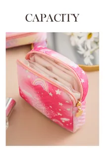 Pink quilted cosmetic bag with cute star rainbow pattern, large capacity travel pouch.