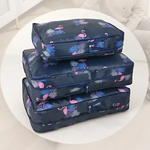 Vue détaillée du sac de rangement en tissu Oxford avec imprimé flamant rose et fermeture.