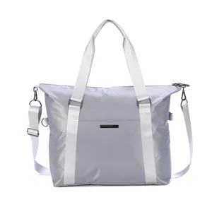 Large capacity waterproof travel duffel bag detail, grey portable luggage shoulder bag design.