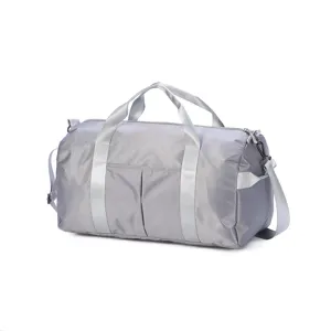 Grey large capacity travel duffel gym bag detail, portable shoulder crossbody luggage storage
