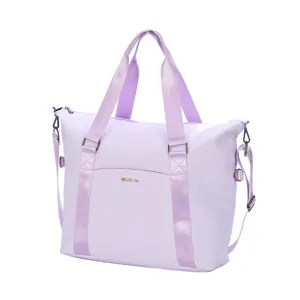 Detailed view of a lavender lightweight waterproof large capacity travel bag for sports.
