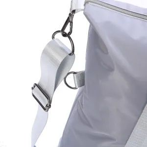 Close-up detail of grey travel bag hardware, metal hook, adjustable strap, and durable fabric.