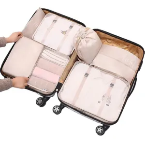 Reisekoffer Organizer Set 8 Stueck beige Packtaschen fuer Kleidung Reise Zubehoer