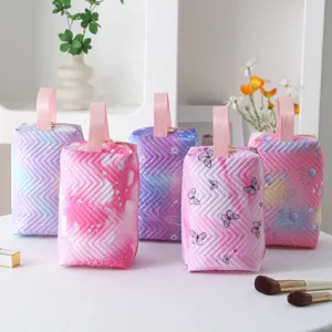 Collection of portable waterproof square makeup bags featuring colorful patterns and top handles
