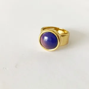 Primer plano detallado de un anillo dorado con una piedra redonda que cambia de color