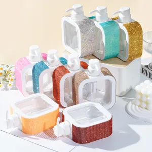 Luxury Rhinestone Studded Refillable Pump Bottle Square Transparent Window Lotion Shampoo Dispenser Portable Travel Bottle For Bathroom Home Decor
