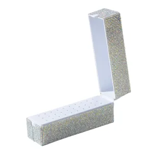 Professional 30-hole nail drill bit storage box with full iridescent rhinestone decor