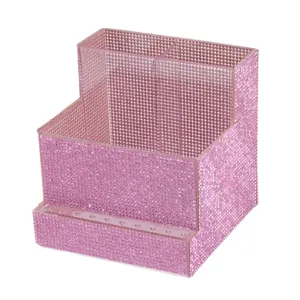 Pink rhinestone nail drill bit organizer and multi-compartment tool storage box