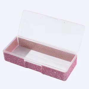 Boîte de rangement manucure en strass rose avec couvercle transparent pour les bijoux