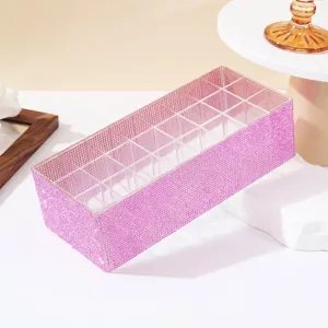 Detailansicht eines Acryl-Makeup-Organizers mit 27 Fächern und rosa Strasssteinen