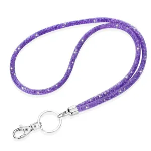 Macro detail of purple sparkling crystal lanyard with mesh tube and silver metal clasp