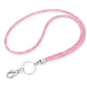 Close-up of pink glitter lanyard with silver metal keyring and lobster clasp detail